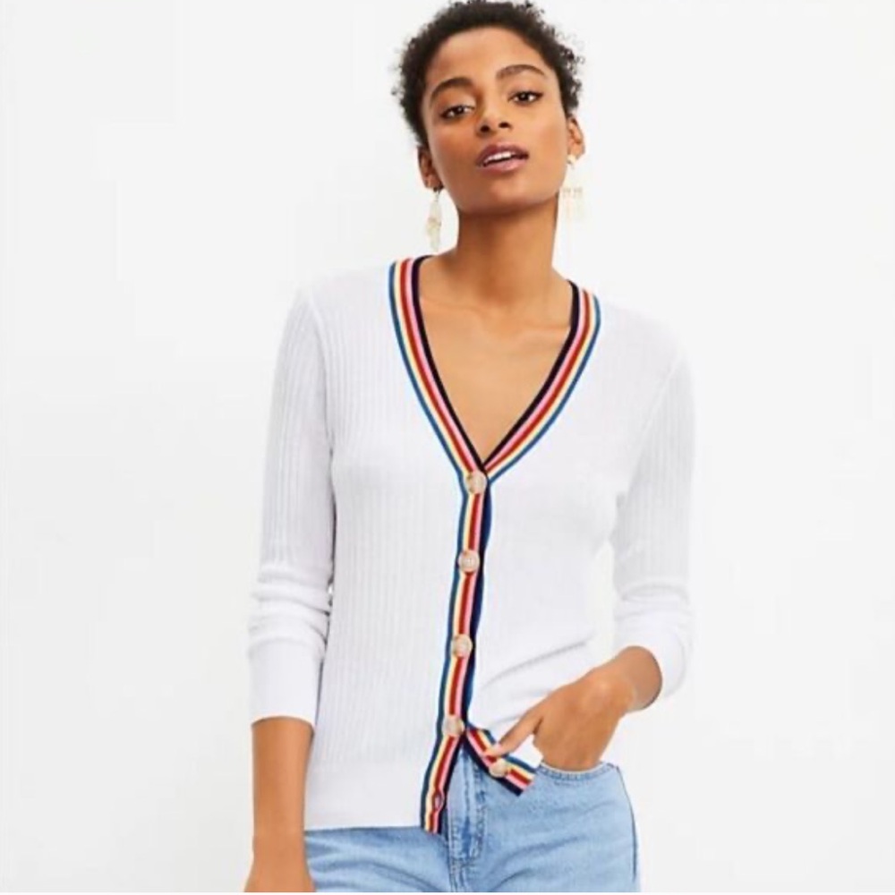 LOFT White Ribbed Button V Neck Sweater With Rainbow  Multicolor Trim M NWT